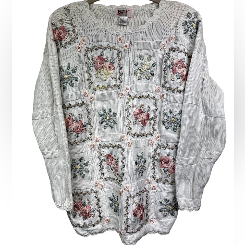 🌸 VTG 🌸Sarah Morgan White Pink Floral Embroidered Beaded Knit Sweater - S